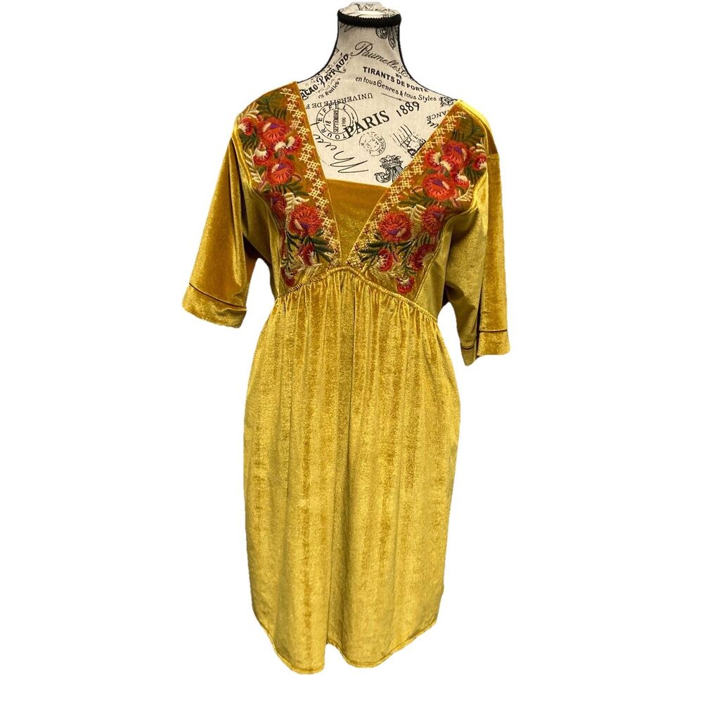 Anthropologie THML Gold Velvet Floral Embroidered Dress Pockets Stretch Boho S